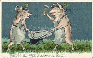 New year, pigs in the forge, horseshoe, litho (EM)