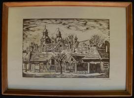 Tavaszy Noémi (1927): Falu, linómetszet, jelzett, üvegezett keretben, 32,5x45cm