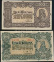 1923. 100K "Magyar Pénzjegynyomda Rt" kissé felfelé tolódott nyomat T:II + 500K "Magyar Pénzjegynyomda Rt" T:II (két apró lyuk középen)