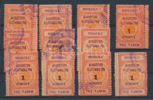 1946 Miskolc Újjáépítési illetékbélyeg 11 db 1Ft, jobb oldali (6db) és bal oldali (5db) kettős fogazott