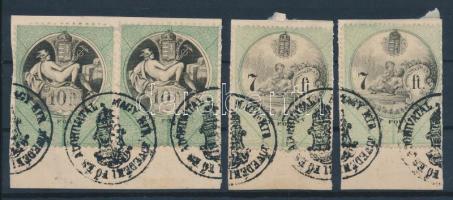 1870 2 x 10Ft + 2 x 7Ft illetékbélyeg 3 kivágáson