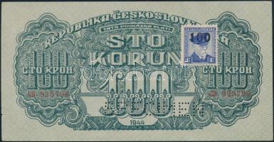 Csehszlovákia 1944. 100K "V.H." SPECIMEN lyukasztással 100K ellenbélyeggel T:I-(apró papírhiány) Czechoslovakia 1944. 100 Korun "SPECIMEN" perforation and with 100 Korun stamp affixed C:AU (tiny paper failure)