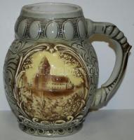 Német Sitzendorf sörös kupa, Wachsenburg látképpel, ón fedél nélkül, hibátlan, jelzett 18 cm / German  Beer Stein Veste Wachsenburg Castle