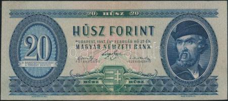 1947. 20Ft előoldalon nyomdai festékfoltok T:II javított