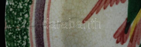 cca 1900 Virágokkal és madárral díszített Hollóháza kerámia falitányér, kézzel festett, jelzett, haj...