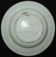 cca 1900 Virágokkal és madárral díszített Hollóháza kerámia falitányér, kézzel festett, jelzett, haj...