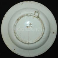 cca 1900 Virágokkal díszített Hollóháza kerámia falitányér, kézzel festett, jelzett, hajszálrepedés,...