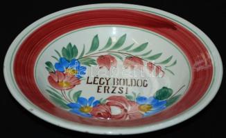 cca 1900 "Légy Boldog Erzsi" felirattal és virággal díszített Telkibánya kerámia falitányé...