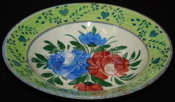 cca 1900 Virággal díszített Telkibánya kerámia falitányér, kézzel festett, jelzett, apró lepattogzás...