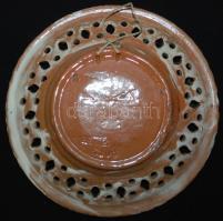 Bozsik Kálmán (1872-1954) által készített áttört kerámia kínáló, kézzel festett, mázas, jelzett, hib...