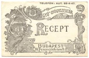 1926 A "Kígyó" Gyógyszertár receptborítéka recepttel, Budapest, Ferencziek tere 9. sz.