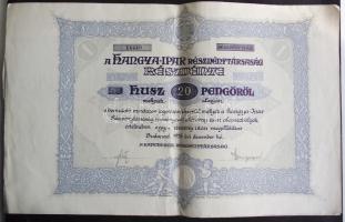 1926. "A Hangya-Ipar Részvénytársaság" részvénye 20P-ről szelvényekkel, szárazpecséttel