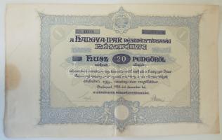 1926. "A Hangya-Ipar Részvénytársaság" részvénye 20P-ről szelvényekkel, szárazpecséttel