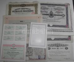 18db-ból álló részvény/kötvény gyűjtemény: 1886. Bazilika sorsjegykölcsön 5Ft + 1917. "Hadsegítési és Népjóléti Nyeremény kölcsön" nyereménykötvény 40K-ról + 1923. "TAURUS Húsker Rt" részvénye 25.000K + 50.000K-ról + 1926. "Hungária Egyesült Gőzmalmok Rt" részvénye 150P (2x) + 1926. "Fonciére Általános Biztosító Intézet" 250P értékű részvénye + "Kisgazda és Kisiparos Takarékpénztárs Rt" részvénye 100P értékben + 1927. "Hazai Általános Biztosító Rt" részvénye 20P-ről + 1942. "Első Sátoraljaújhelyi Paraffinfinomító és Gyertyagyár Rt" részvénye 80P-ről + 1990. "ZÓJA Mezőgazdasági Termelőszövetkezet" kitöltetlen vagyonjegye + Franciaország 1926-27. 4db 500Fr-os részvény + Ausztria 1912. "Mittenwaldbahn" kötvény 200K (3x), legtöbb szép állapotban
