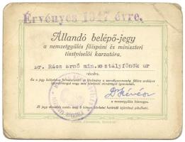 1947 Állandó belépőjegy a Nemzetgyülés főispáni és miniszteri tisztviselői karzatára