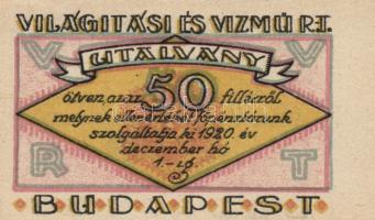 Budapest 1920. "Világítási és Vízmű R.T." 20f, 50f, 1K, 2K, 5K, 10K T:I