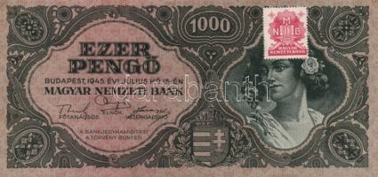 1945. 1000P bélyeggel (2x) egymás utáni sorszámmal T:I-(apró saroktörés)