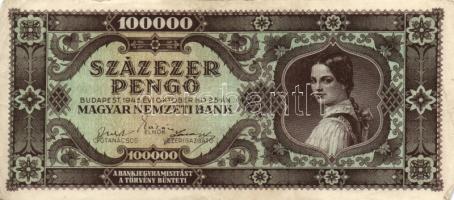 1945. 100.000P (2x) egyik vágáshibás, másik világos hátlapú T:I-,III