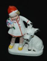 Német ,Weiß Kühnert & Co. porcelán, kislány a kutyájával, kézzel festett, hibátlan, jelzett (cca 1940), 10×6 cm