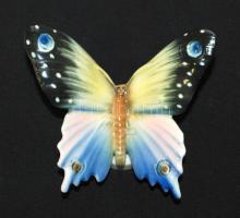 Német, kézzel festett lepke, 7mm repedéssel a szárnyán, jelzett 6×12 cm