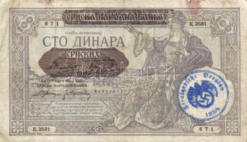 Szerbia/Német megszállás 1941. 100D "Strafgericht Breslau 183/4" bélyegzővel ellátva T:III Serbia/German occupation 1941. 100 Dinara with "Strafgericht Breslau 183/4" handstamp C:F