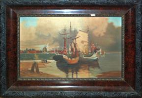 Lantos I. jelzéssel: Hajók, olaj, vászon, szép kerteben pici lepattanással, 46×31 cm