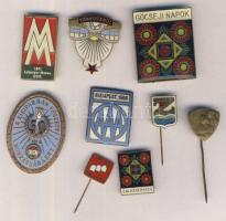 9db különféle jelvény, közte "FAÜ" törzsgárda aranyozott tűzzománc jelvény, "A Kisiparban Végzett 50 éves Munkásságáért" zománcozott jelvény, "Pécsi Országos Kiállítás 1907" Br jelvény T:1-,2