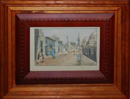 1898 Petrik Albert (1876-1916): Arab utcarészlet, akvarell-papír, jelzett, 12x17cm, üvegezett dupla keretben