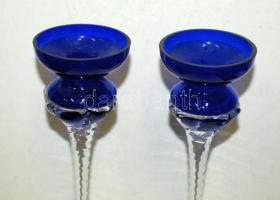 Több rétegű kobaltkék, csavart szarú üveg gyertyatartó, hibátlan m: 29 cm