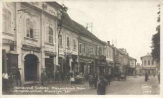 Rimaszombat Masaryk square with shops (Rábely Károly, Zigmund Heimlich, Viliam Blau, Cejza Roth Géza and Kardos), Vissza So.Stpl (EK)