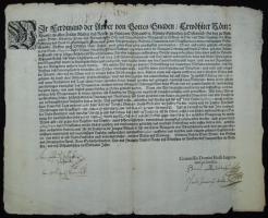 1624 II. Ferdinánd által kiadott oklevél a szőlőmunkások napibérének szabályozásáról aláírásokkal /  Charter with signatures issued by Ferdinand II Holy Roman Emperor on the regulation of the wage of grape workers, 32,5x40cm