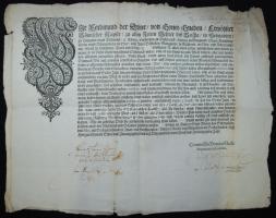 1652 III. Ferdinánd rendelete a cinezett pléh behozatalának tilalmáról, aláírásokkal /  Charter issued by Ferdinand III Holy Roman Emperor on the prohibition of the import of galvanized metal sheet, with signatures, 38,5x49cm