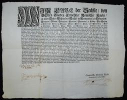 1731 VI. Károly német-római császár, III. Károly magyar király rendelete a bel- és külföldi borok forgamára kivetendő adóról, aláírásokkal /  Charter issued by Charles VI Holy Roman Emperor on the taxing of import, export and internal trade of wine, with signatures, 40x51cm