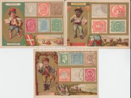 3 db régi, szép kidolgozású, litho motívumlap, külföldi országok bélyegeivel (nem képeslapok)