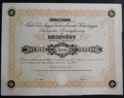 1925. "Fuchs G. Első Magyar Tizedes és Százados Hidmérleggyár Budapesten Részvénytársaság" részvénye 100P-ről, szelvényekkel, kiváló állapotban