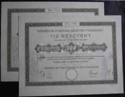 Szeged 1926. Szegedi Bútorgyár Részvénytársaság részvénye 500 pengőről (2x) szelvényekkel, egymás utáni sorozat, kiváló állapotúak