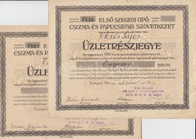 Szeged 1921. "Első Szegedi Cipő-, Csizma- és Papucsipari Szövetkezet" üzletrészjegye 1000K-ról (2x), szép állapotban