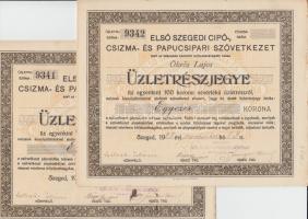 Szeged 1923. "Első Szegedi Cipő-, Csizma- és Papucsipari Szövetkezet" üzletrészjegye 1000K-ról (2x) egymás utáni sorszámmal, szép állapotban