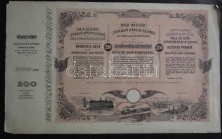1912. "Baja-Bezdán-Zombor-Apatin-Szondi Helyi Érdekű Vasút Részvénytársaság" bemutatóra szóló elsőbbségi részvény 200K-ról, német-magyar-francia nyelven, szép állapotban