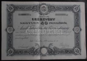 Aszód 1928. "Aszódi Takarékpénztár Részvénytársaság" részvénye 40P-ről szelvényekkel, szép állapotban