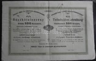 1910. "Egyesült Tégla- és Cementgyár Részvénytársaság" részkötelezvénye 500K-ról szelvényekkel, magyar-német nyelven, lyukasztva