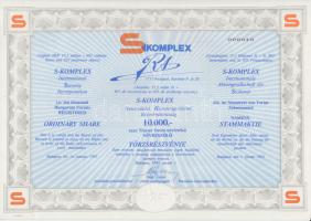 1992. "S-Komplex Nemzetközi Biztonságvédelmi Rt." 10.000Ft névértékű törzsrészvénye/elsőbbségi részvénye, mindkettő szelvényekkel