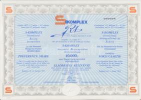 1992. "S-Komplex Nemzetközi Biztonságvédelmi Rt." 10.000Ft névértékű törzsrészvénye/elsőbb...