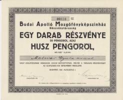 1941. "Budai Apolló Mozgófényképszínház Rt." részvénye 20P-ről, kiváló állapotban