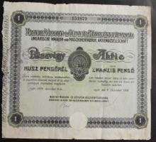 Győr 1938. "Magyar Waggon -és Gépgyár Részvénytársaság" részvénye 20P-ről szelvényekkel,