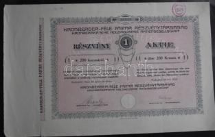 1923. "Kronberger-Féle Faipar Részvénytársaság" részvénye 200K-ról szelvényekkel, "elővételi jog gyakorolva" pecséttel