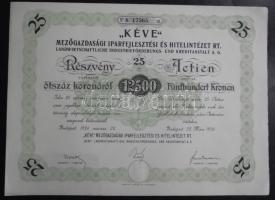 1924. "Mezőgazdasági Iparfejlesztési és Hitelintézet Rt." részvénye 12.500K-ról szelvényekkel kiváló állapotban