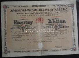 1922. "Magyar Városi Bank Részvénytársaság" 25 részvénye egyenként 400K-ról szelvényekkel , elővételi jog gyakorolva pecséttel