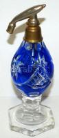 Szép kristály kobaltkék, csiszolt parfümös üveg, pumpa rész hiányzik, hibátlan / Crystal parfume bottle 18 cm