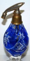 Szép kristály kobaltkék, csiszolt parfümös üveg, pumpa rész hiányzik, hibátlan / Crystal parfume bot...